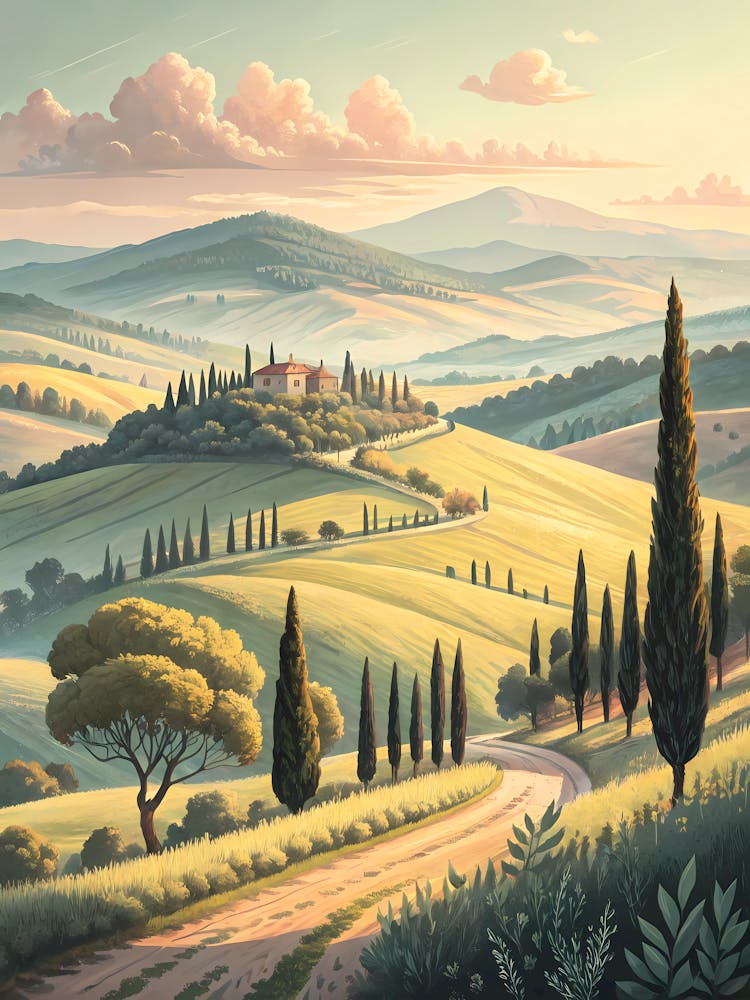 Gentle Hills And Cypress Trees Tuscan Countrysid