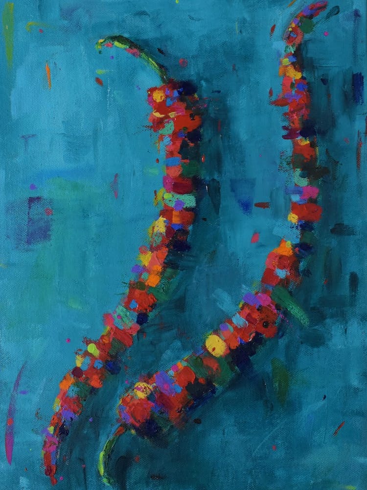 Two Red Chilis In Teal