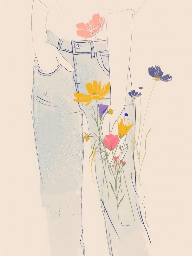 Blue Jeans Line Art Flowers 7