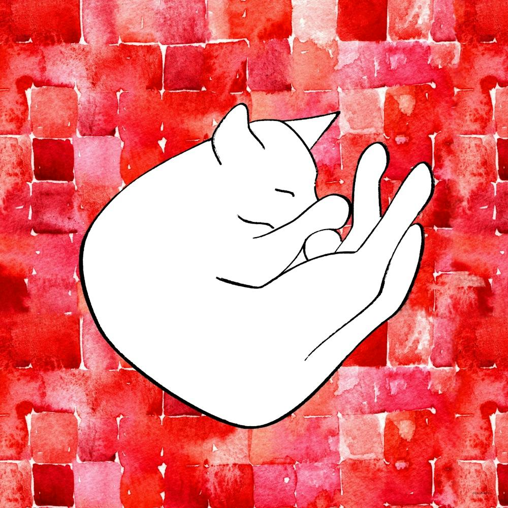 Cat Sleeping On Red Watercolor Abstract Squares