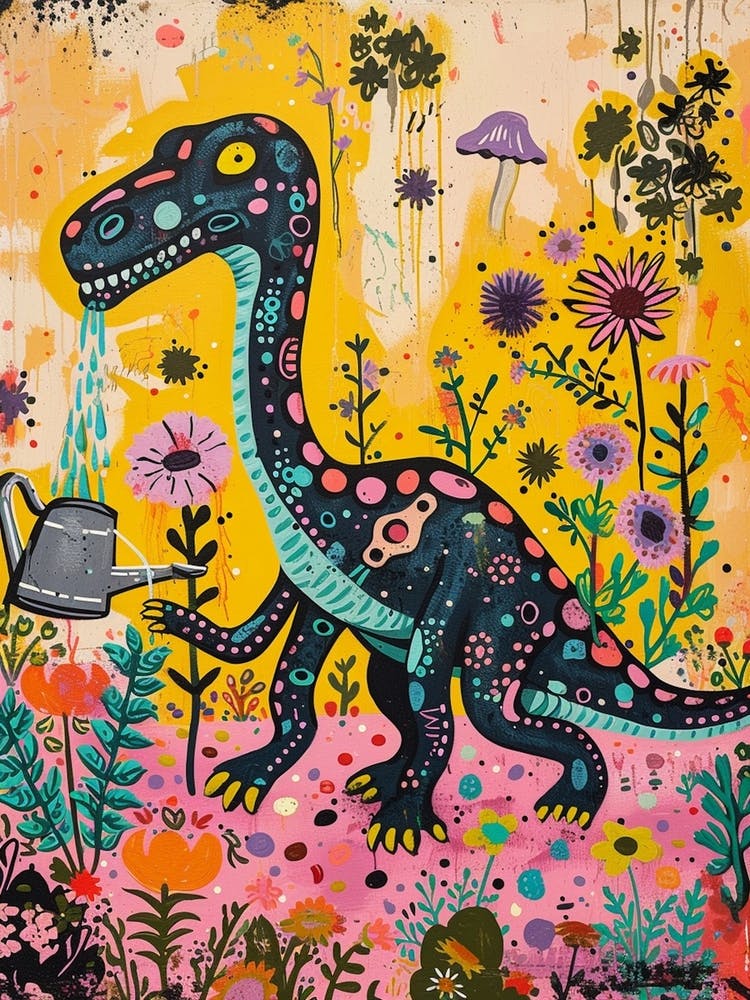 Dinosaur In The Garden Colourful Brushstroke 1