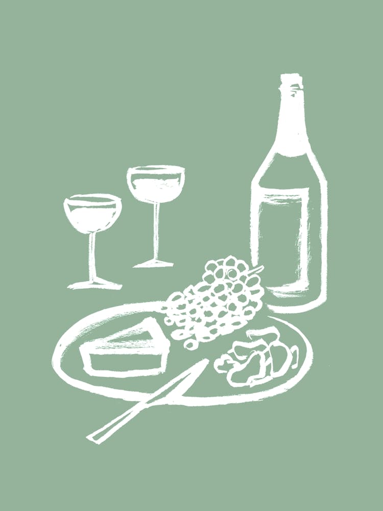 Wine and Cheese Aperitif Kitchen Illustration - White Green