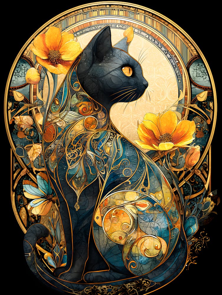 Black Cat With Flowers 12
