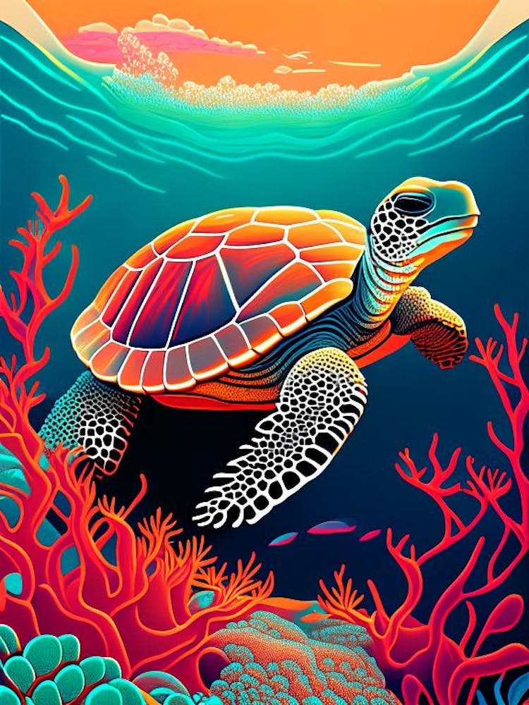 A Single Sea Turtle In Coral Reef, Sea Turtle Retro 1