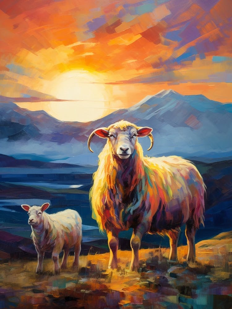 Ram & Lamb In The Highlands At Sunset