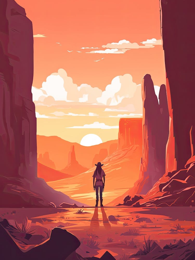 Cowgirl Riding A Horse In The Desert Orange Tones Illustration 7