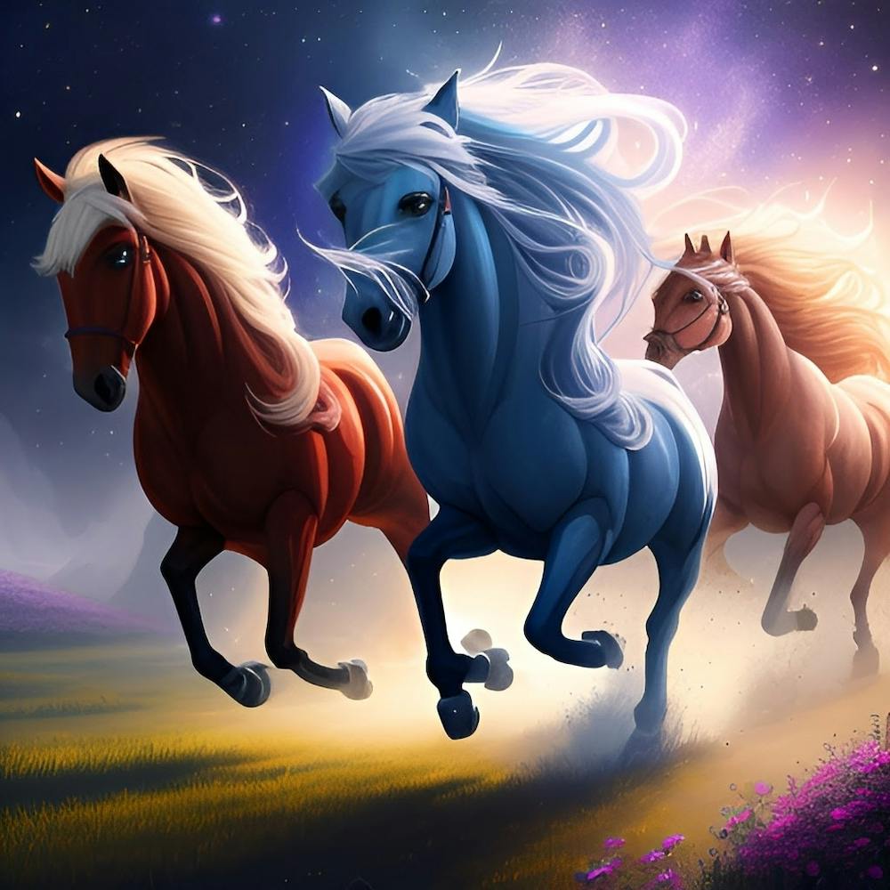 Three Horses Running In The Night Sky