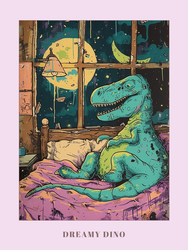 Dinosaur Snoozing In Bed At Night Abstract Illustration 1 Poster