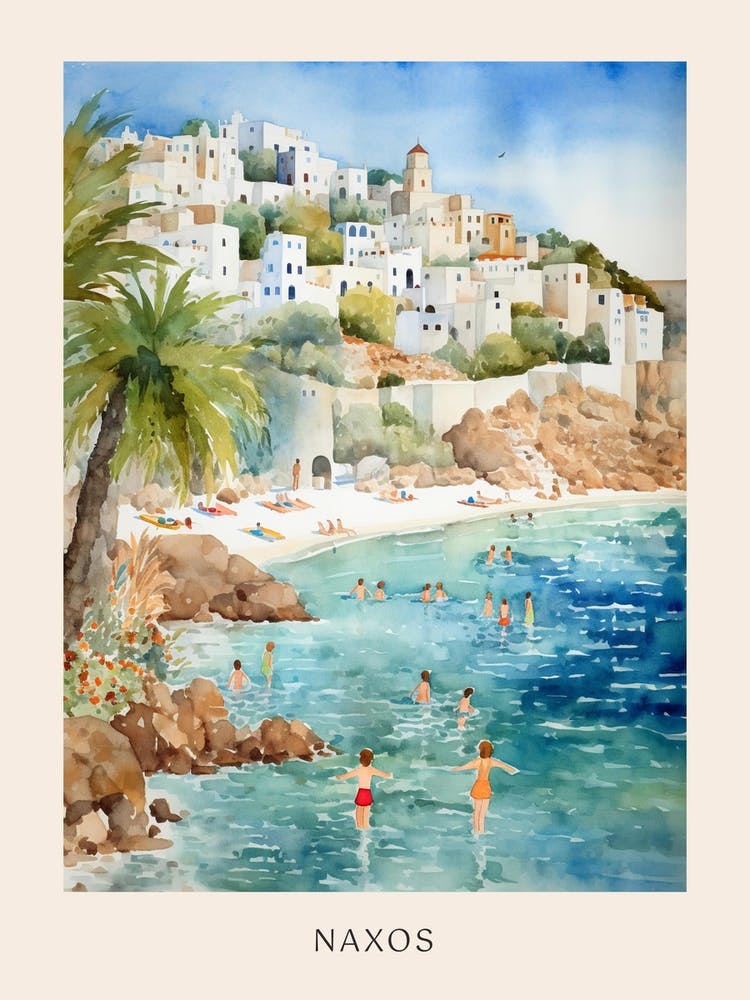 Swimming In Naxos Greece 4 Watercolour Poster