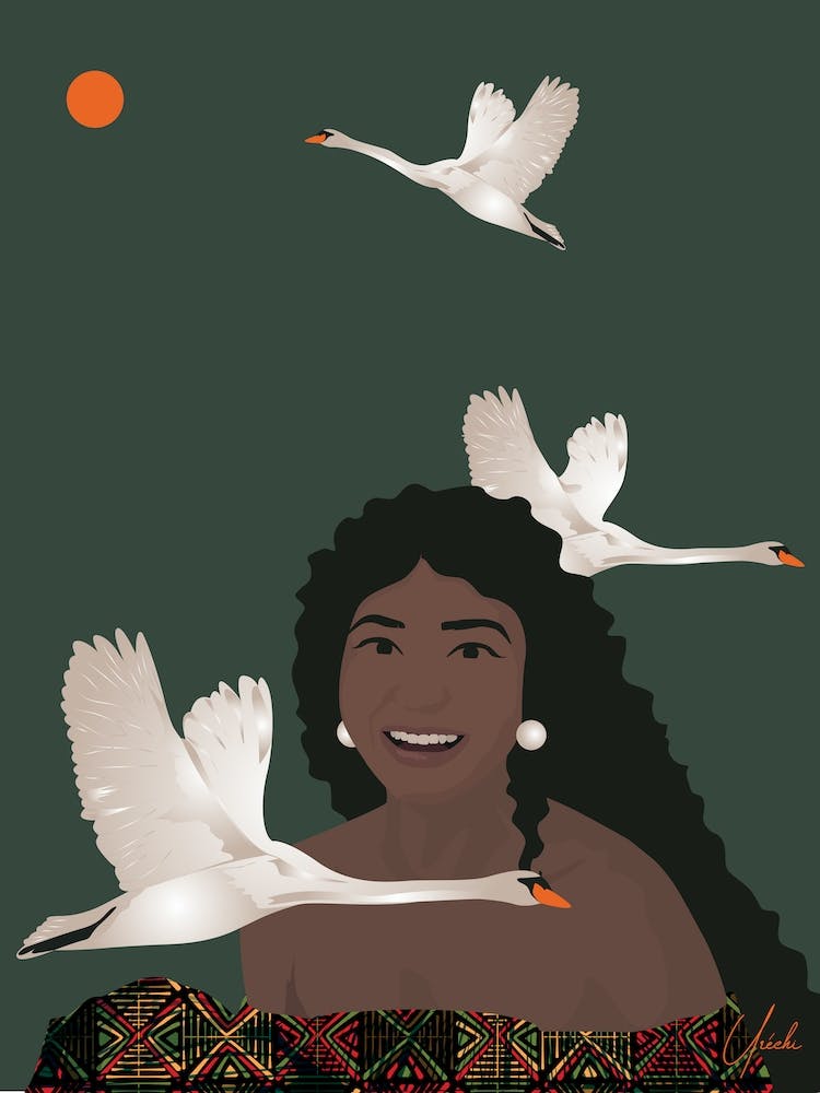 Smiling with Swans, Portrait of a Black woman