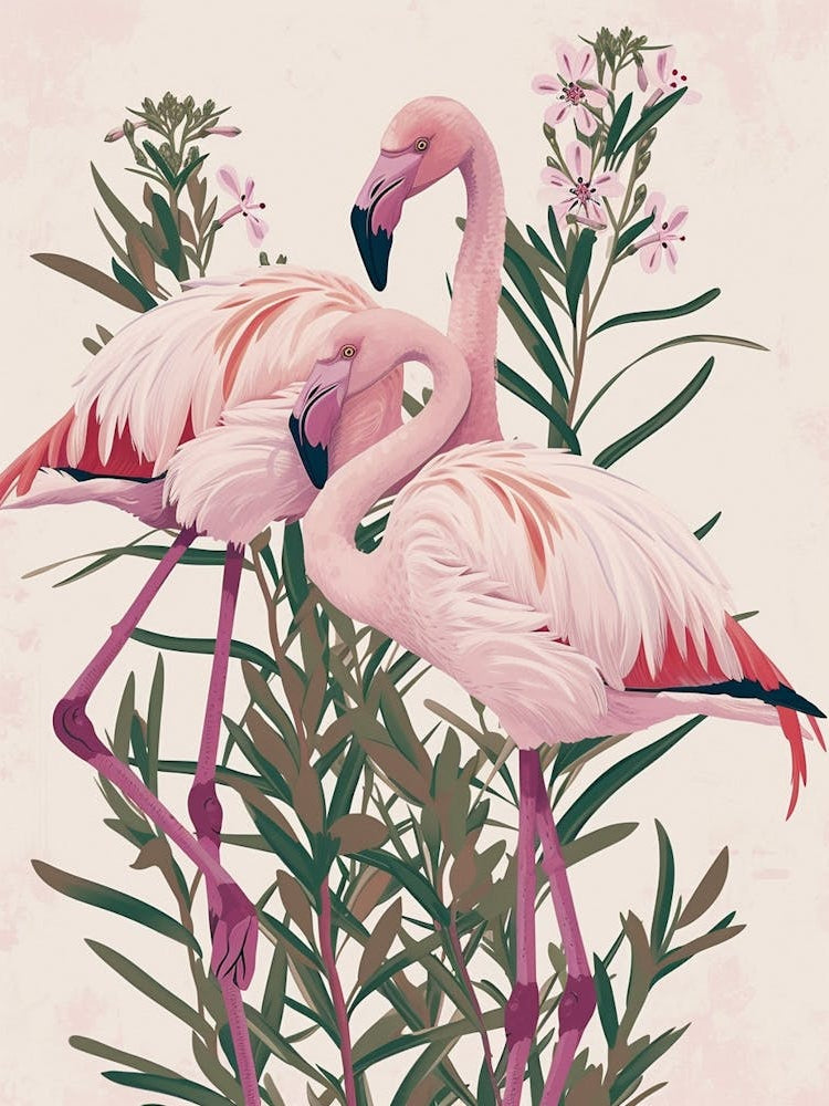 Lesser Flamingo And Oleander Minimalist Illustration 1