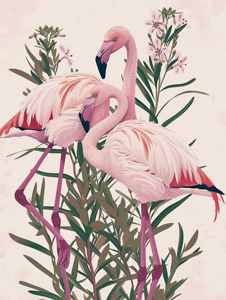 Lesser Flamingo And Oleander Minimalist Illustration 1