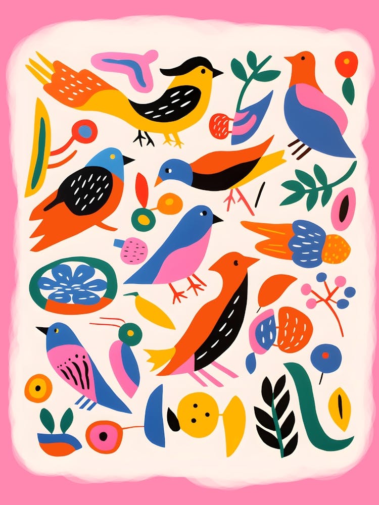 Birds On A Pink Background Boho Matisse Inspired