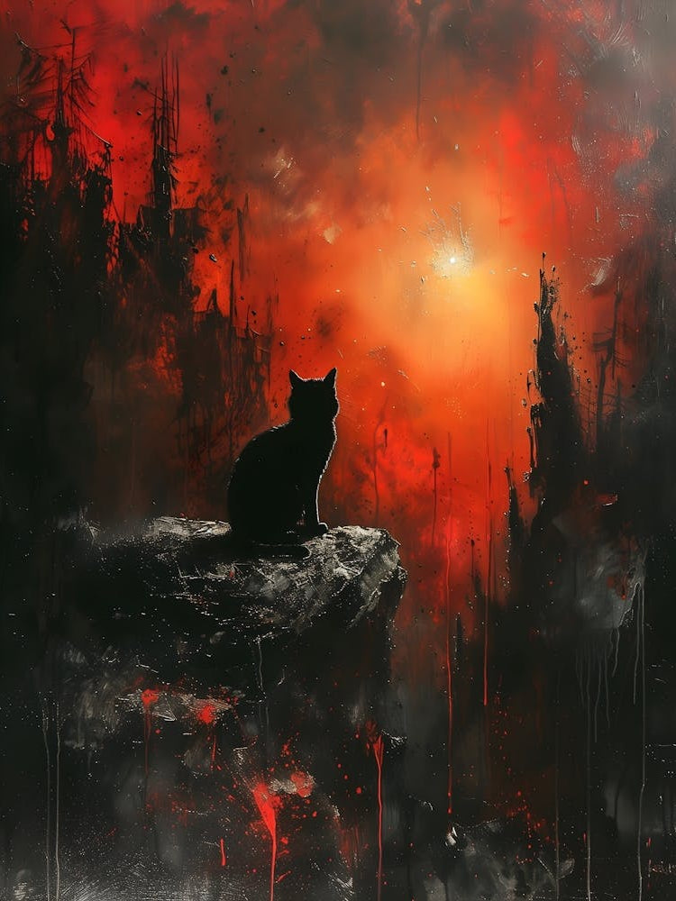 Cat On A Rock, Bichromatic, Surrealism, Impressionism