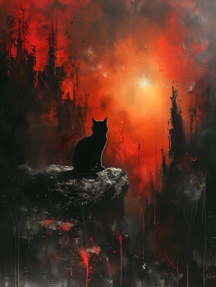 Cat On A Rock, Bichromatic, Surrealism, Impressionism