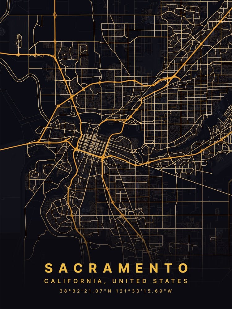 Sacramento California USA Black And Gold Map