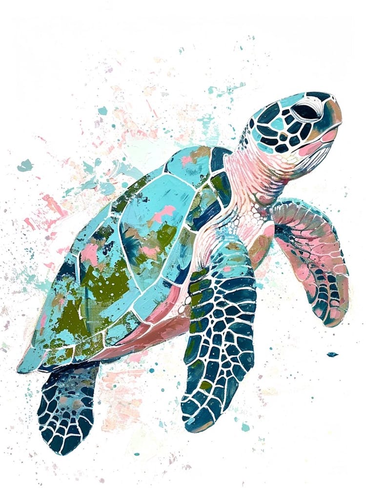 Pastel Blue Paint Splash Sea Turtle On A White Background
