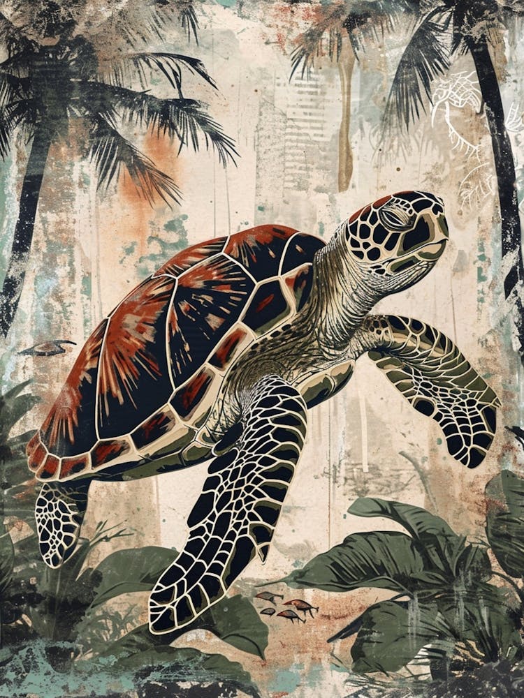 Sea Turtle & Palm Trees On The Beach 1