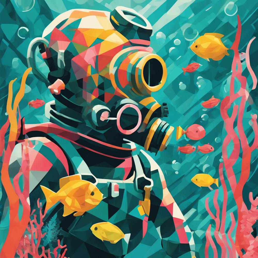 Diver With Fishes Cubism Style
