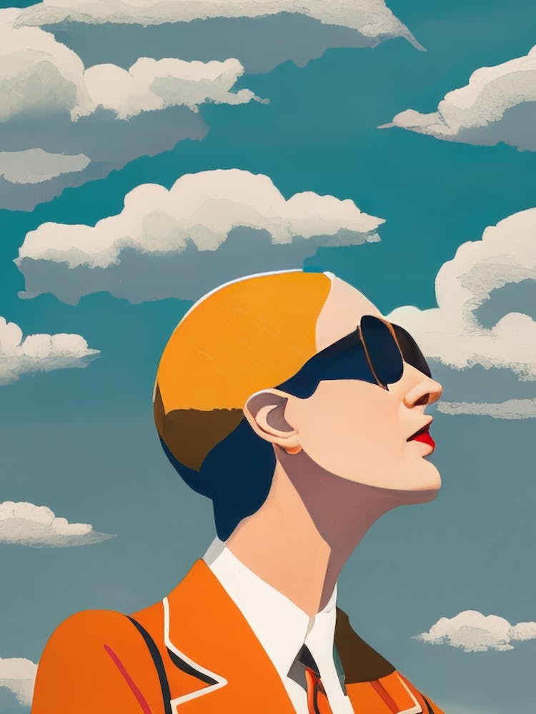 Vogue Woman Power Pose Clouds Pop Art Vivid Bright Orange Suit High Contrast