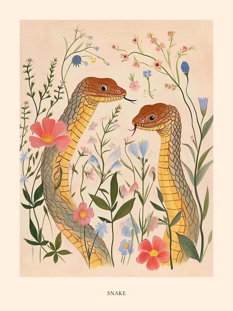 Folksy Floral Animal Drawing Snake 2 Poster