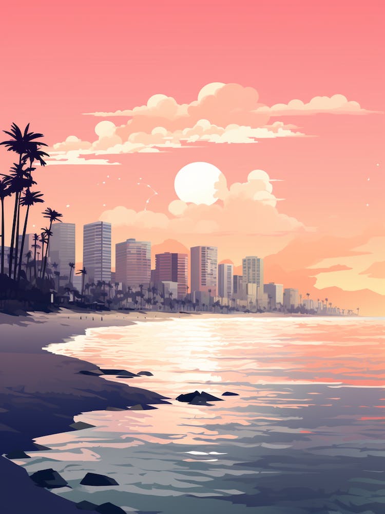 Illustration Of Haeundae Beach Busan South Korea In Pink Tones 3