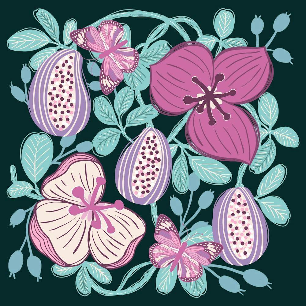 Akebia Flowers with Fruits Green Background