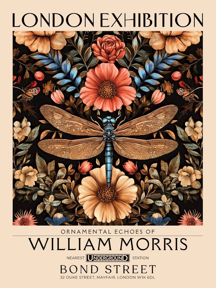William Morris Dragonfly and floral artwork, insect and flower pattern vintage Botanical print for cottagecore, maximalist decor,floral tapestry Victorian nature illustration bedroom vintage decor 17