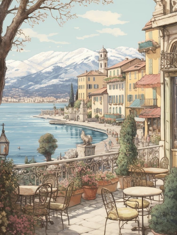 Vintage Winter Illustration Lake Como Italy 3