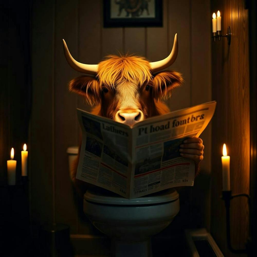 A Highland Cow Reading A Newspaper On A Toilet, Bathed In Warm Candlelight
