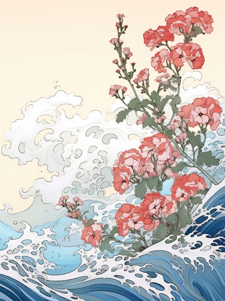 Great Wave With Verbena Flower Drawing In The Style Of Ukiyo E 4