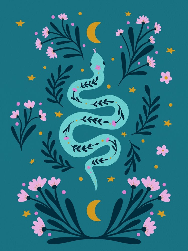 Snakes And Flowers Pink And Turquoise