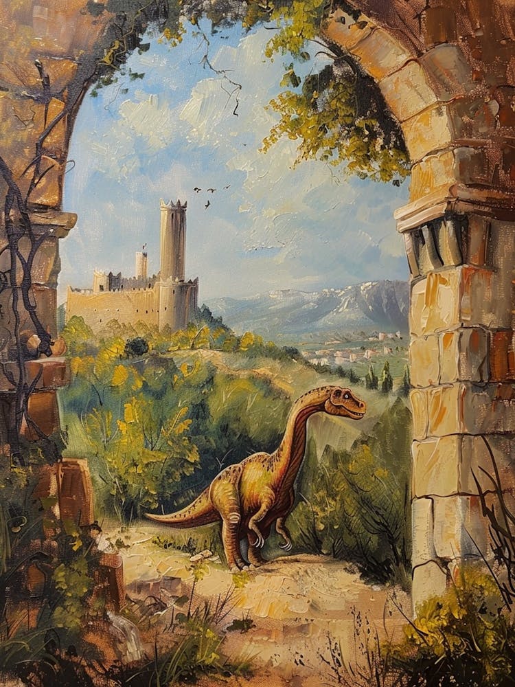 Dinosaur By The Castle Painting