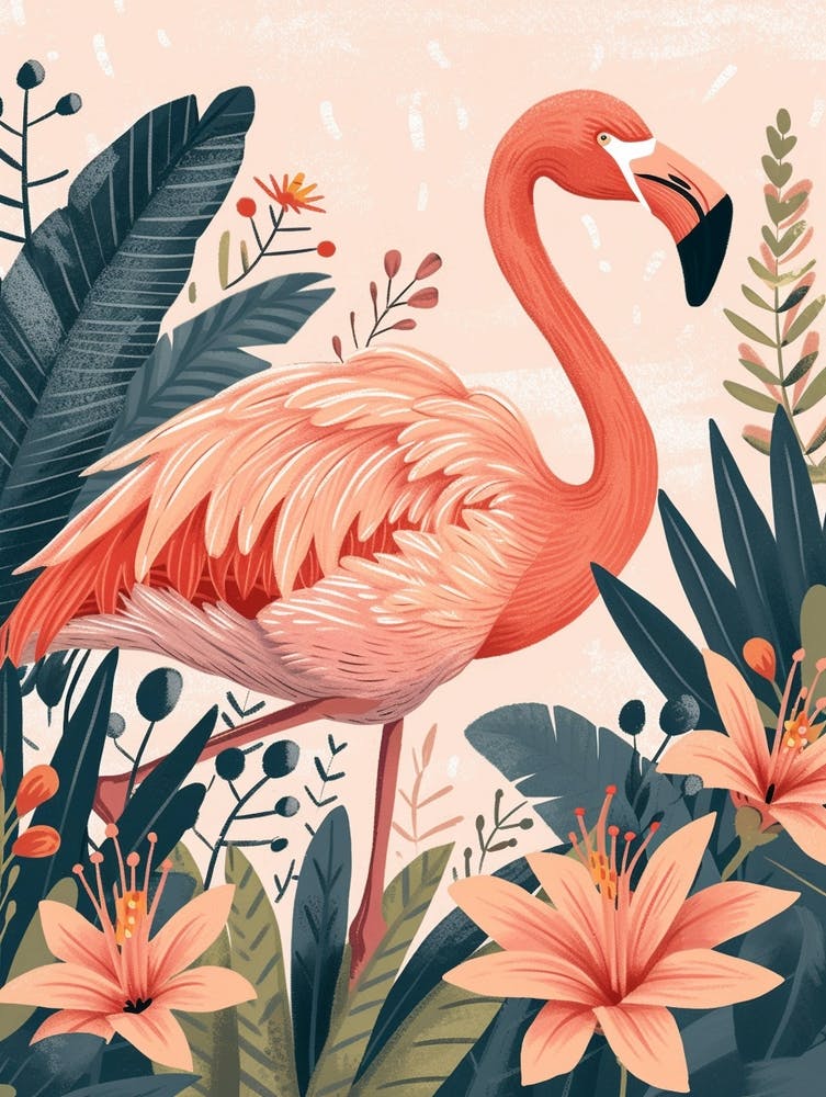 Andean Flamingo And Heliconia Minimalist Illustration 3