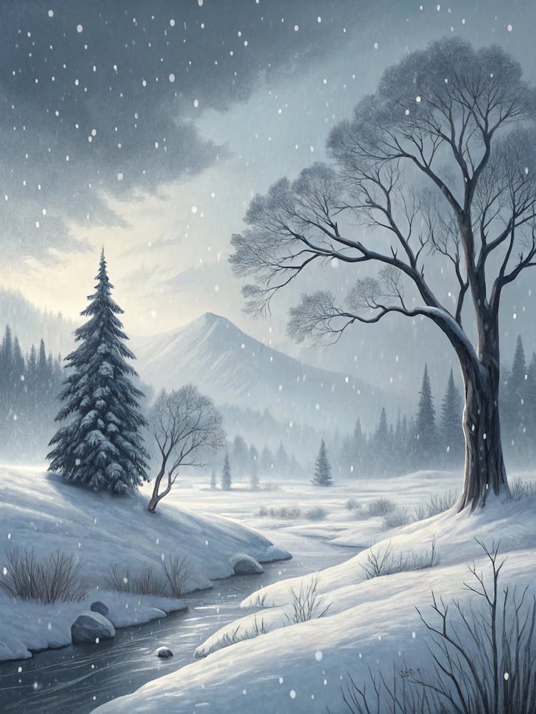 Oil Painting Style Snowstorm Scene With Minimal