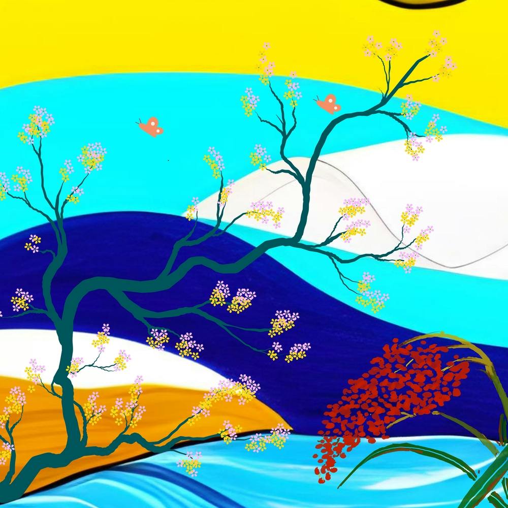 Asian Landscape- Modern luxury oriental style background. Classic Chinese mountain and river landscape illustration- water, hill and trees art.