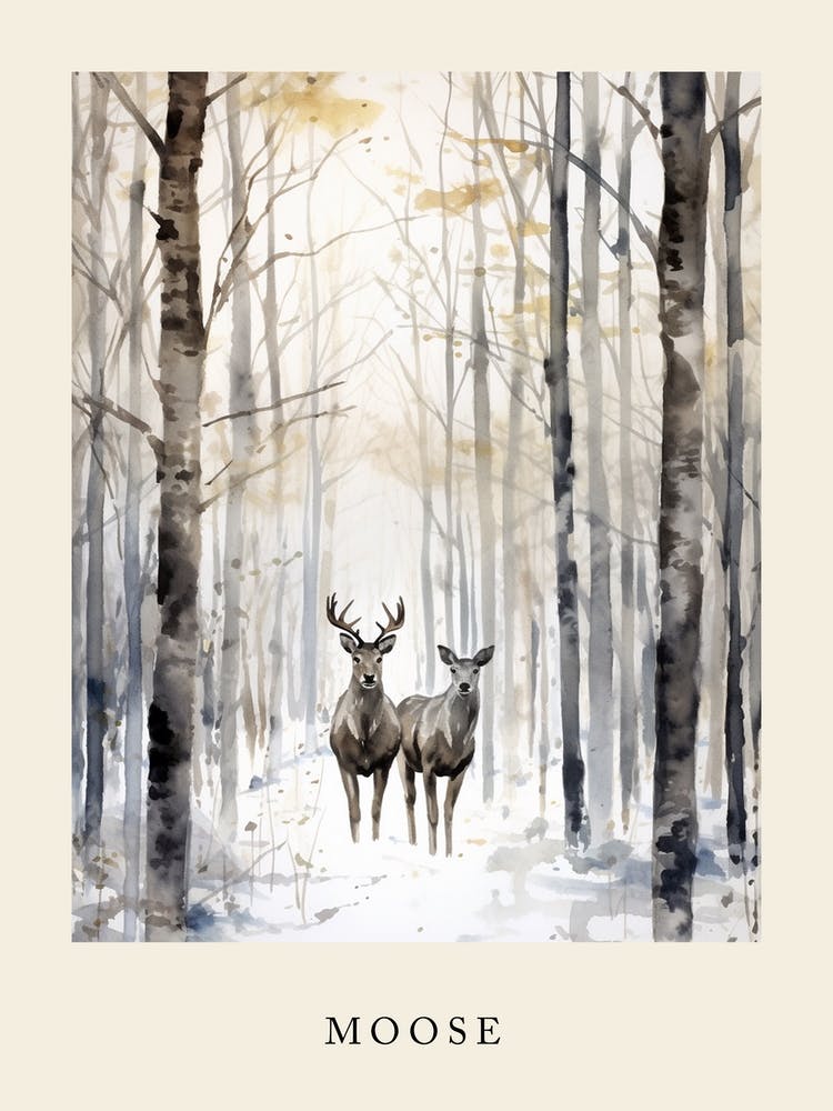 Winter Watercolour Moose 1 Poster