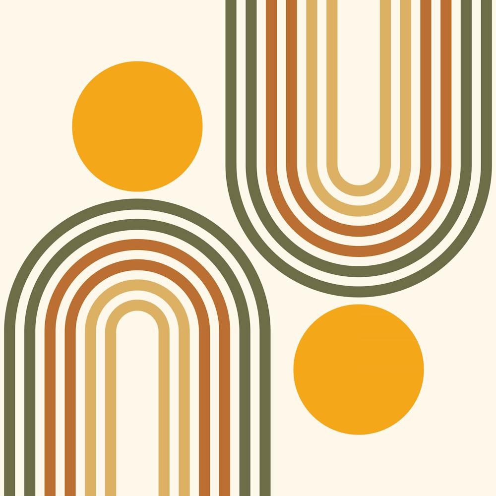 Mid Century Modern Geometric Rainbow And Sun Abstract A6 In Tropical Sage Gold 02