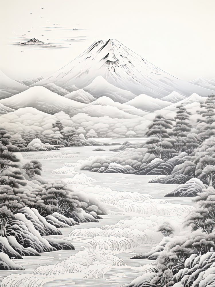 The Japanese Alps In Multiple Prefectures, Ukiyo E Black And White Line Art Drawing 2