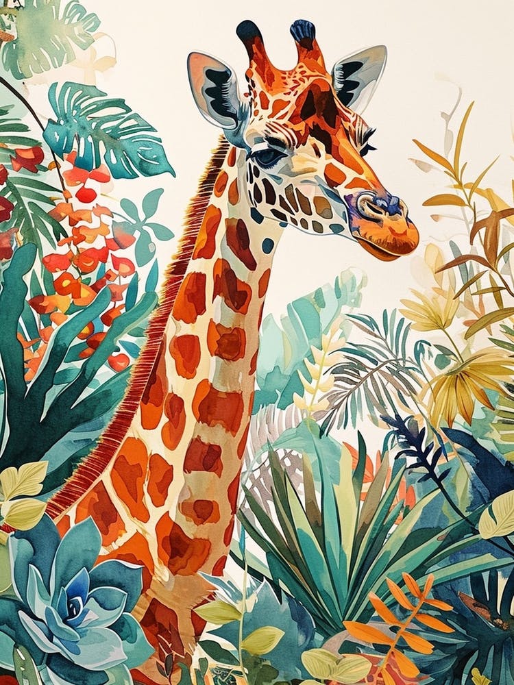 Giraffe Watercolour Portrait In The Leaves 1