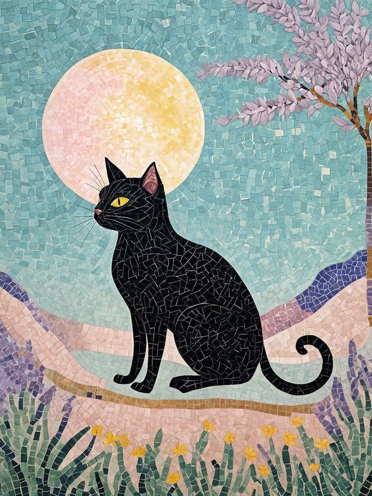 Mosaic Black Cat In The Pastel Moonlight
