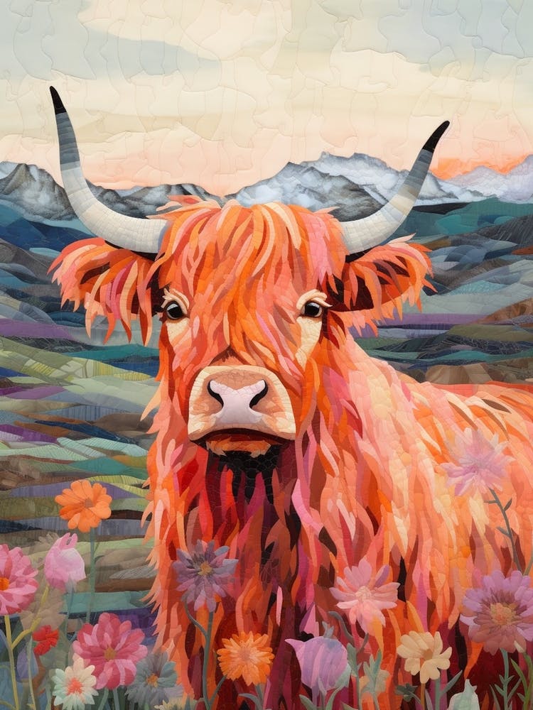 Floral Textured Patchwork Illustration Of Highland Cow