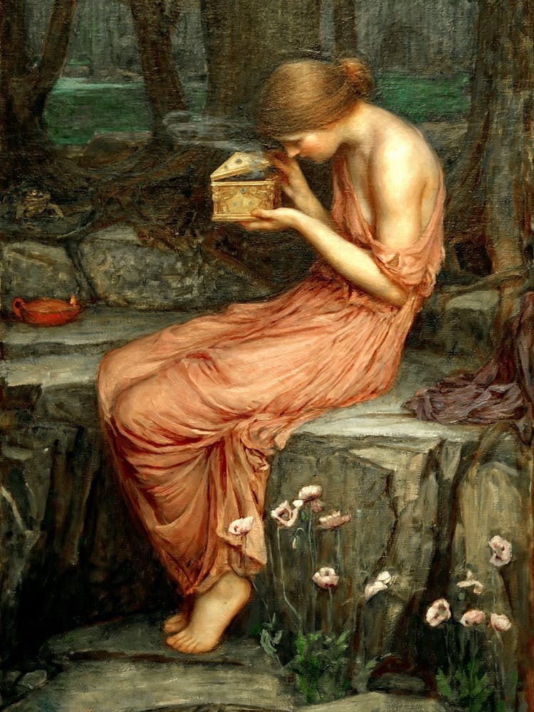 Psyche Opening the Golden Box by John Williams Waterhouse - Waterhouse's Remastered Oil Painting Pandora's Box Vintage Flowers Dreamy Witchy Pagan Mythological Beautiful