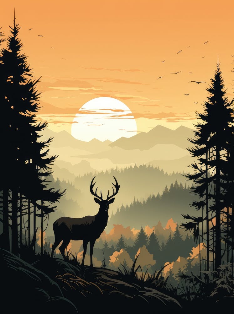 Deer In The Forest At Sunset