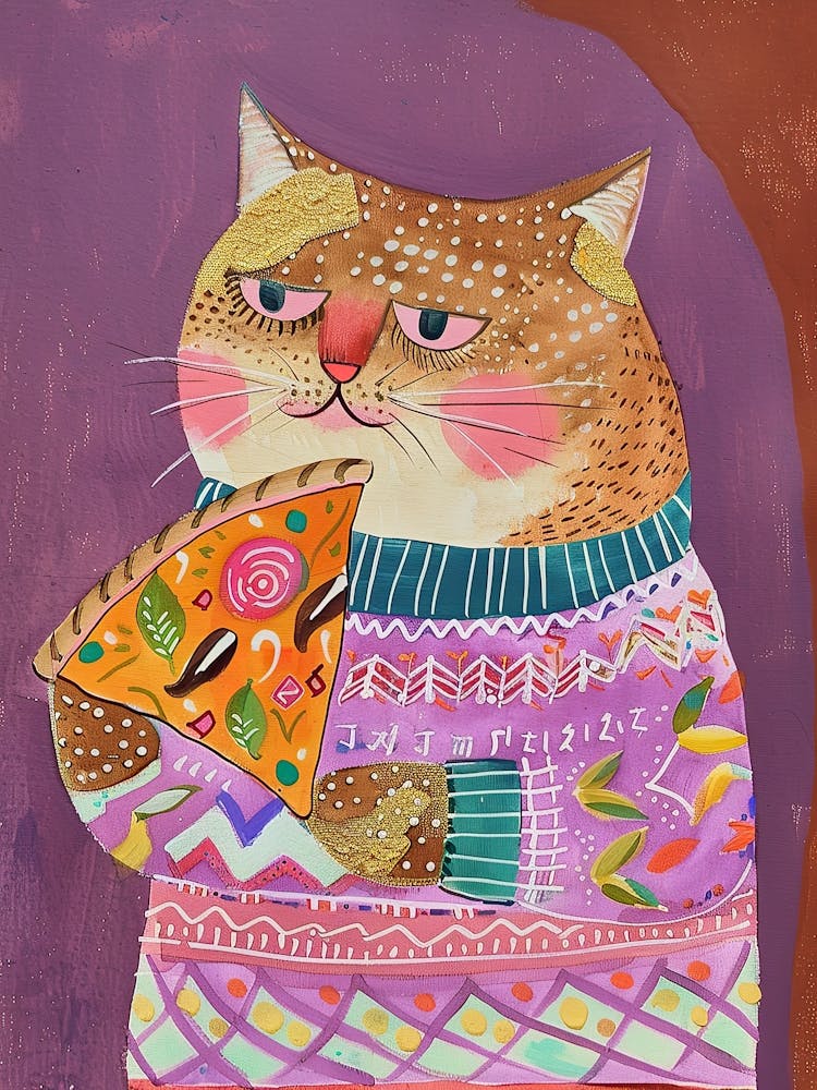 Braune Katze Pizza-Liebhaber Folk Illustration 5