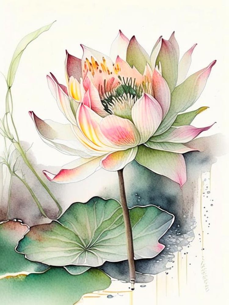 Lotus Flower In Garden Watercolour Ink Pencil 3