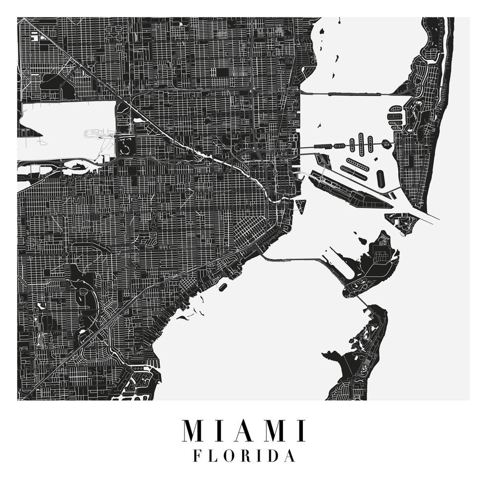 Miami Florida Minimal Black Mono Street Map  Square