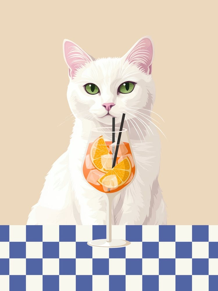 white cat with aperol spritz cocktail art in a girly aesthetic, trendy wall art perfect for kitchens, bar carts, coffee bars and living rooms, 50s sytle vintage inspired minimalist illustration of a cute cat with drink