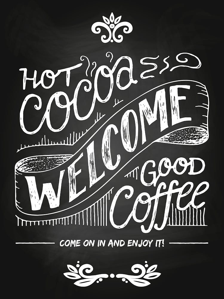 Heißer Kakao Willkommen Guter Kaffee — Kaffee-Poster, Küchendruck, Schriftzug
