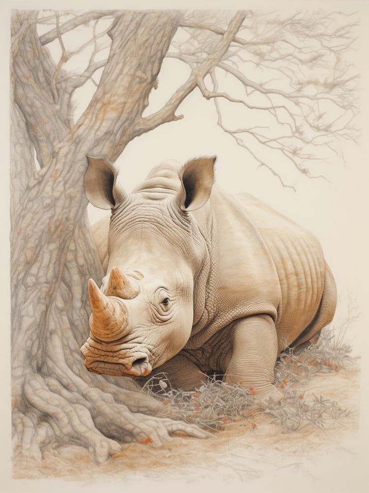 Rhino Lying Under The Tree Detailed Illustration 4